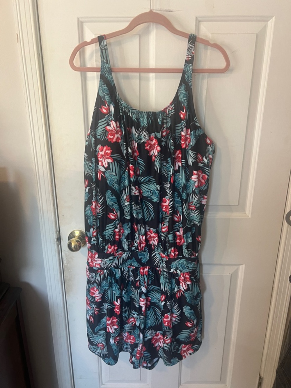 BloomChic Black Floral One-Piece Swimsuit with Teal Leaves and Red Flowers